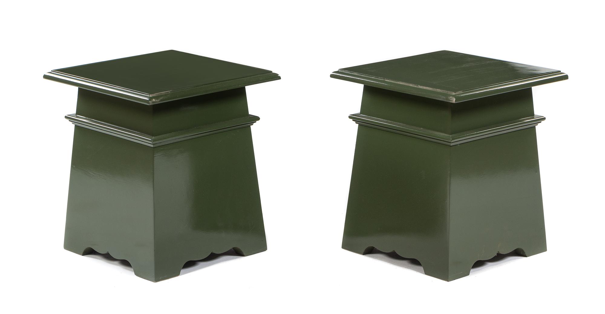A Pair of Custom-Designed Green Painted Side Tables Height 15 x width 14 1/4 x depth 14 1/4 inches. — 20TH CENTURY