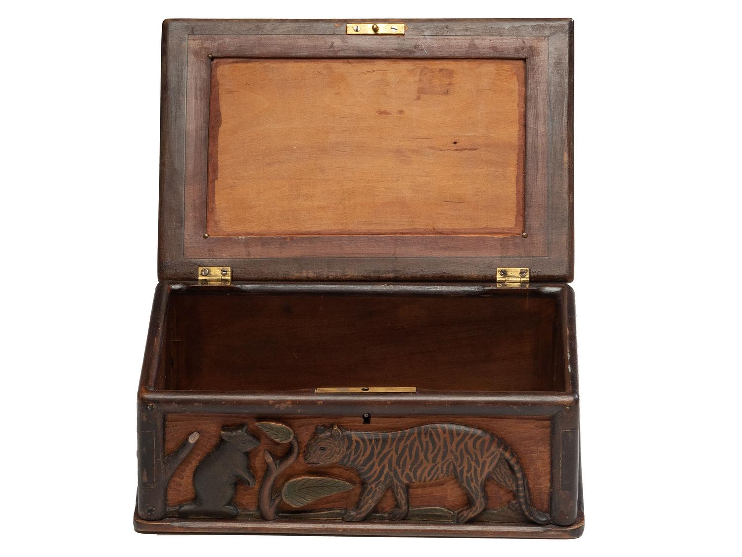 A Folk Art Polychrome Painted Pine Dresser Box with Exotic Animals