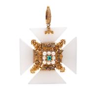 GEORGIAN, TRICOLOR GOLD AND MULTIGEM MALTESE CROSS PENDANT