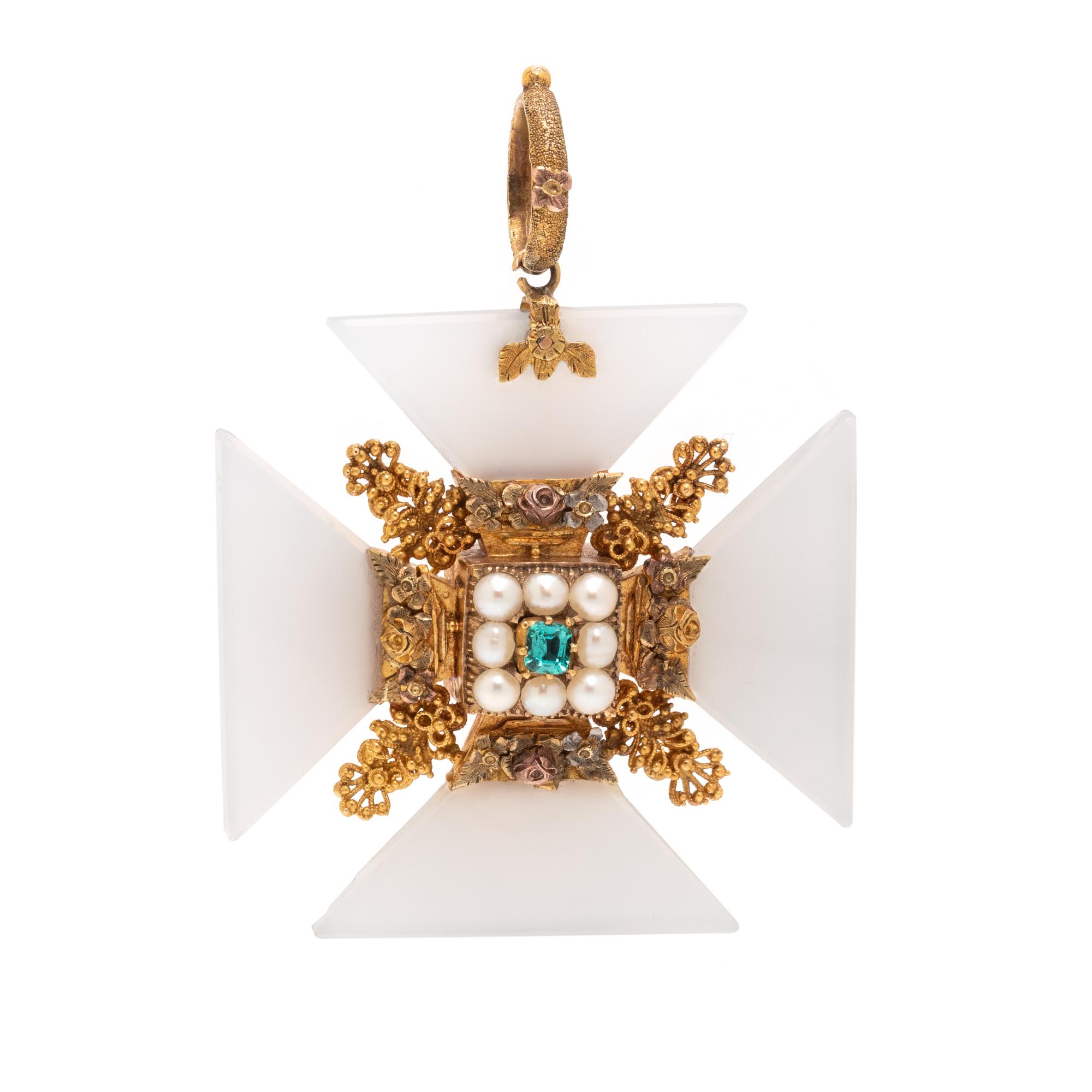 GEORGIAN, TRICOLOR GOLD AND MULTIGEM MALTESE CROSS PENDANT