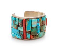 Navajo Silver Cuff Bracelet, with Turquoise and Coral Mosaic Inlay