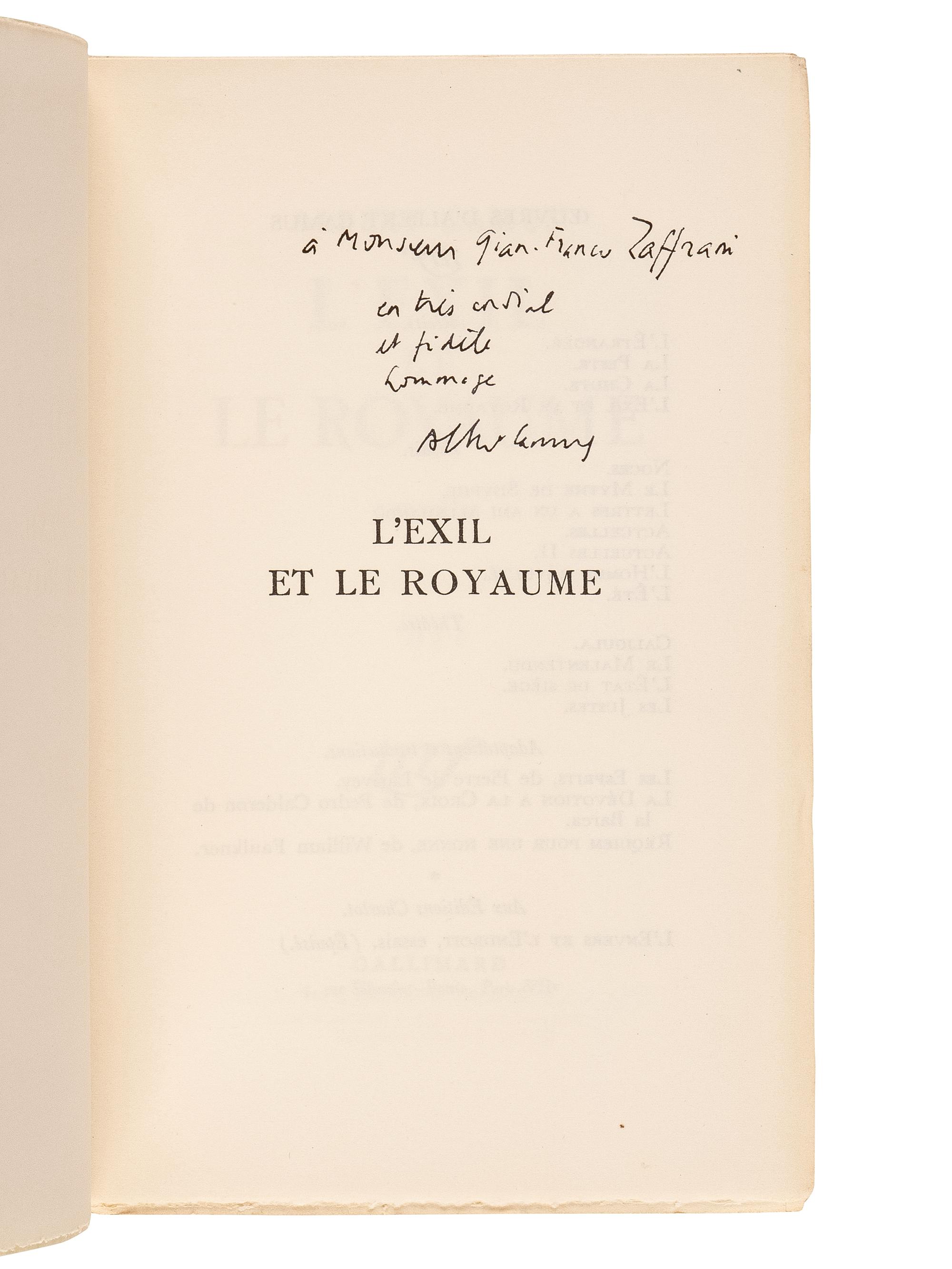 CAMUS, Albert, (1913-1960). Group of 4 FIRST EDITIONS, SIGNED OR INSCRIBED, comprising: