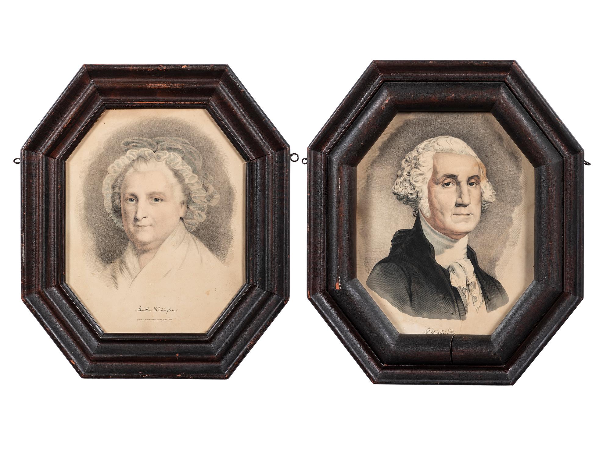 A Pair of Pendant Currier & Ives Hand Colored Lithographs of George and Martha Washington