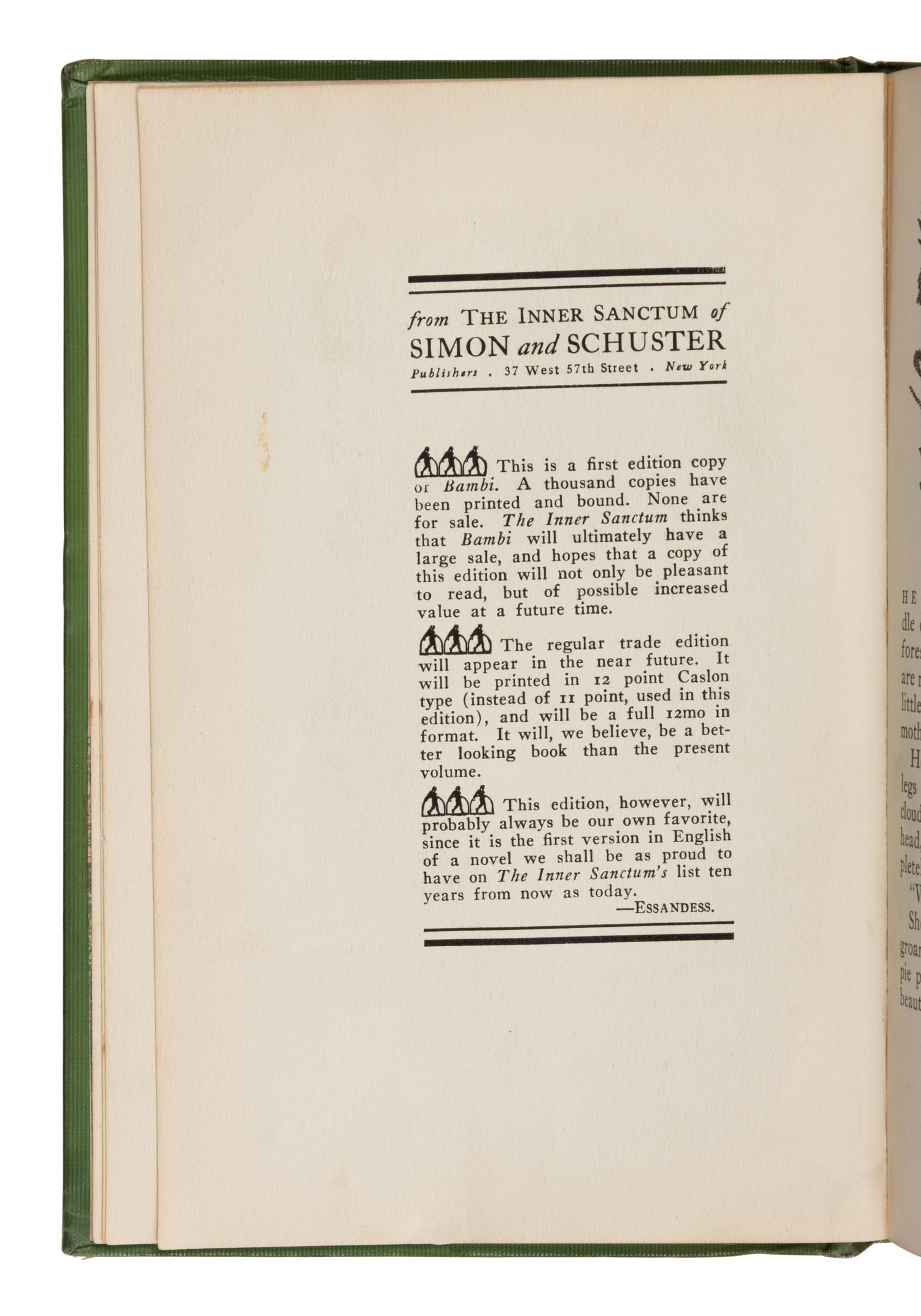 Salten, Felix (1869-1945). Bambi: A Life in the Woods . Translated by Whittaker Chambers. With a foreword by John Galsworthy. New York: Simon and Schuster, 1928.