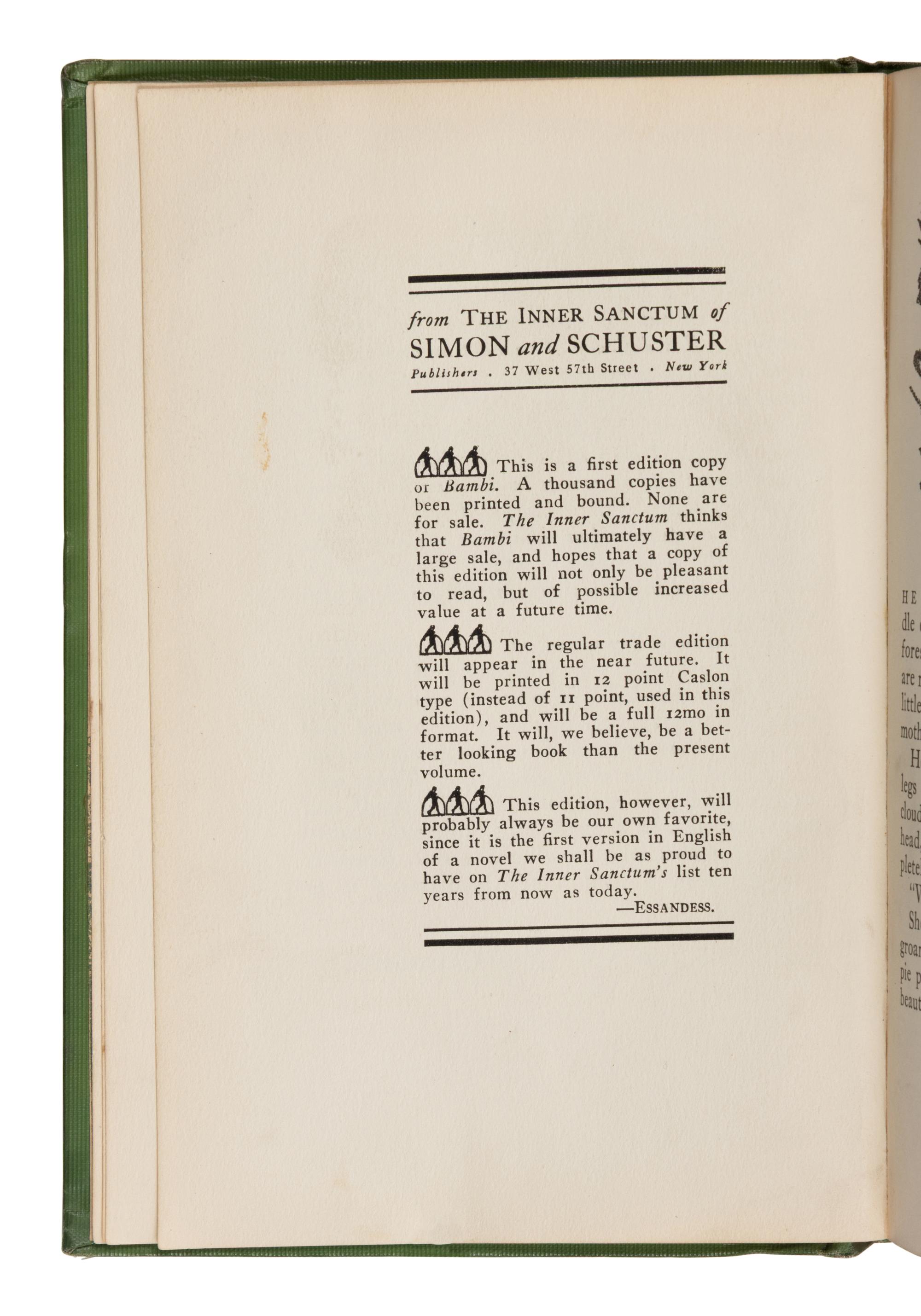 Salten, Felix (1869-1945). Bambi: A Life in the Woods . Translated by Whittaker Chambers. With a foreword by John Galsworthy. New York: Simon and Schuster, 1928.