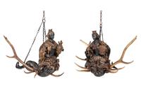 A Pair of Painted Wood and Antler-Mounted Lusterweibchen Chandeliers