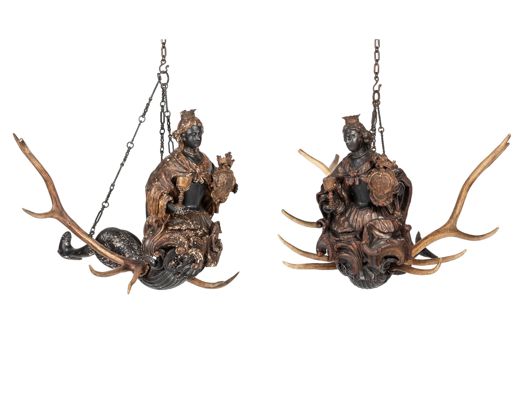 A Pair of Painted Wood and Antler-Mounted Lusterweibchen Chandeliers