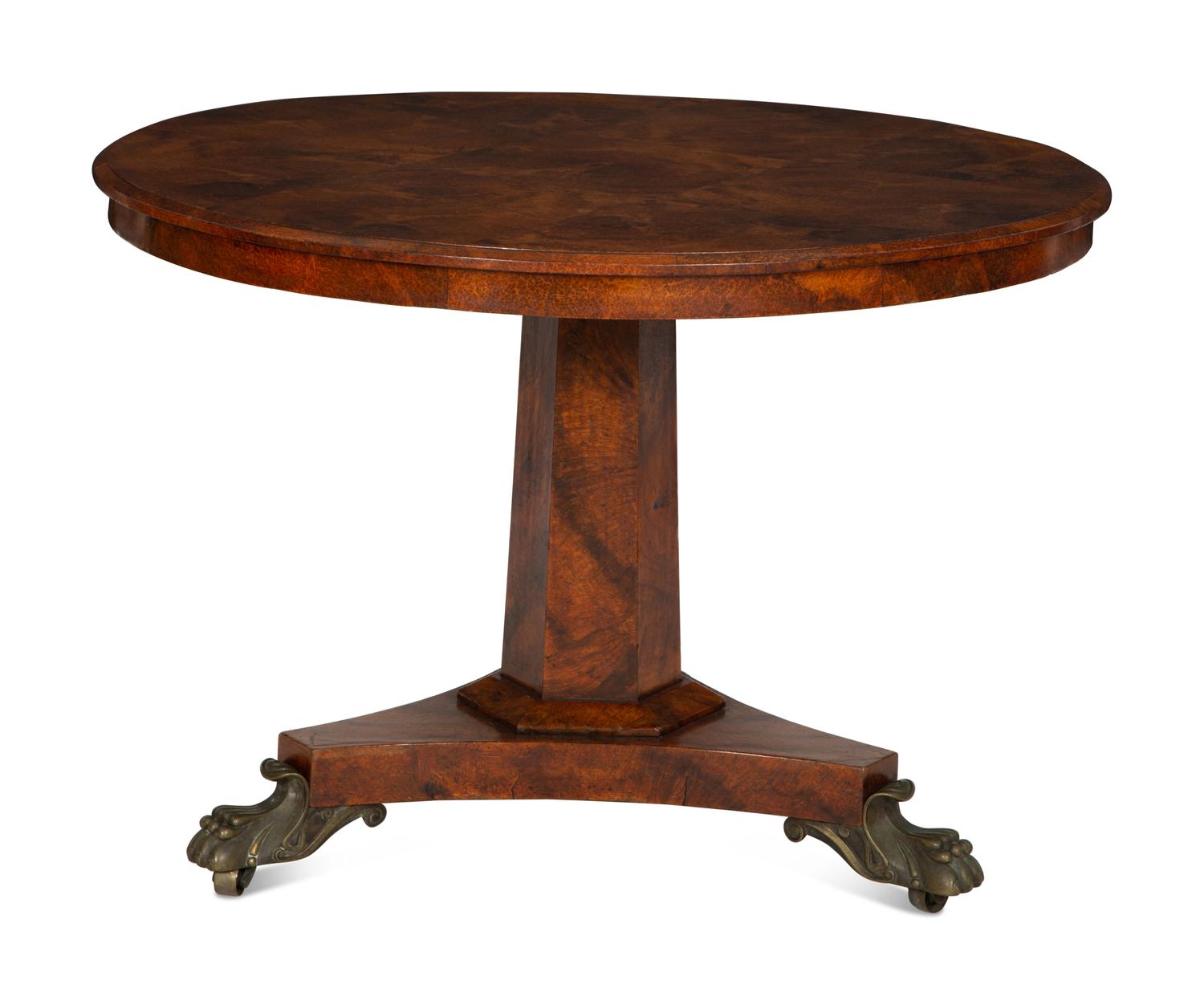 A Regency Gilt Bronze Mounted Burl Yew-Wood Veneered Tilt-Top Table