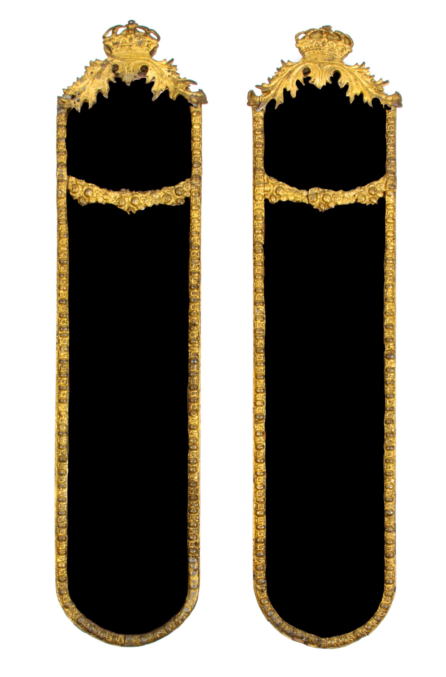 A Pair of Swedish Gilt Metal Mirrors, Height 21 x width 5 inches.