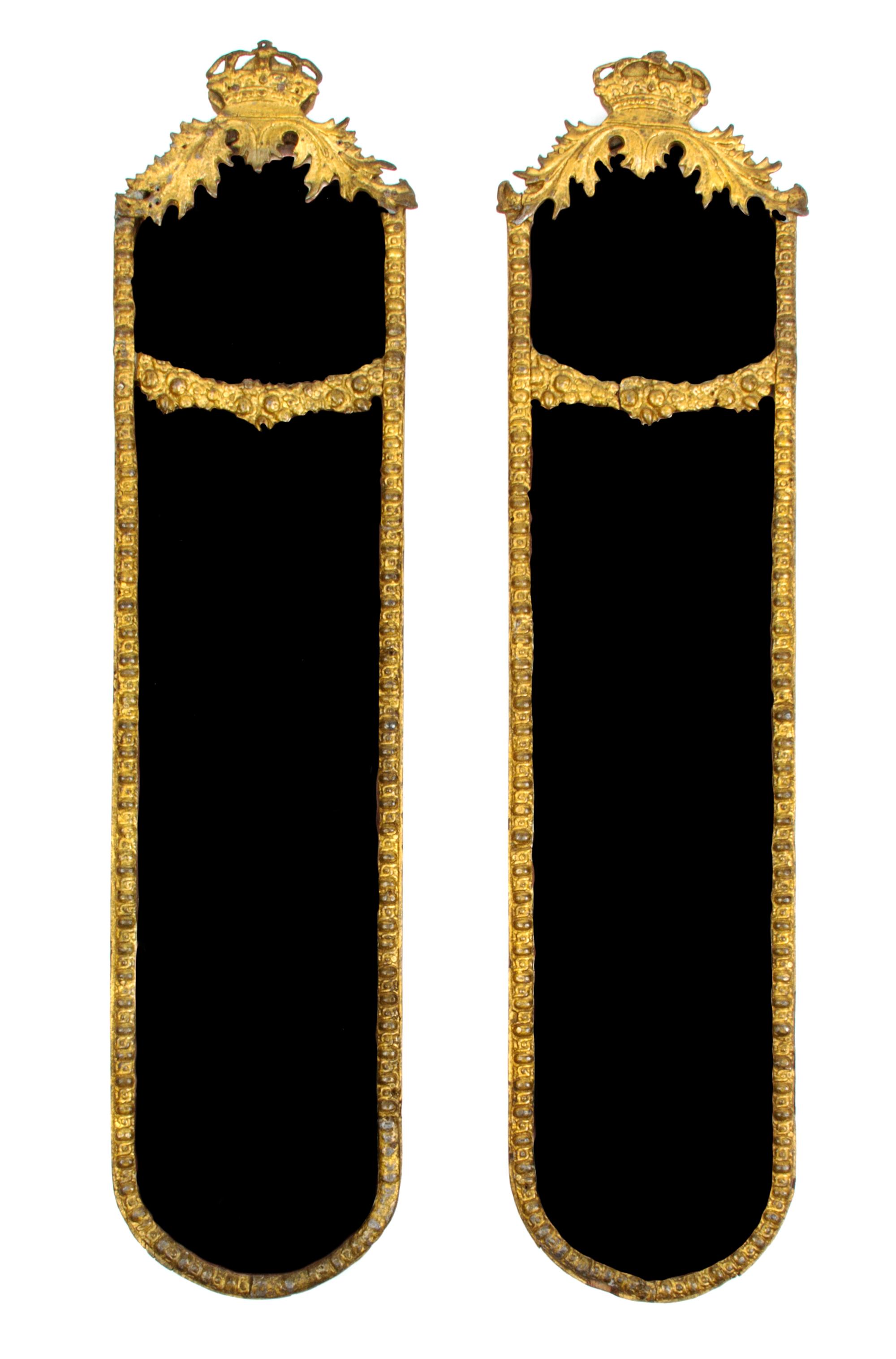 A Pair of Swedish Gilt Metal Mirrors, Height 21 x width 5 inches.