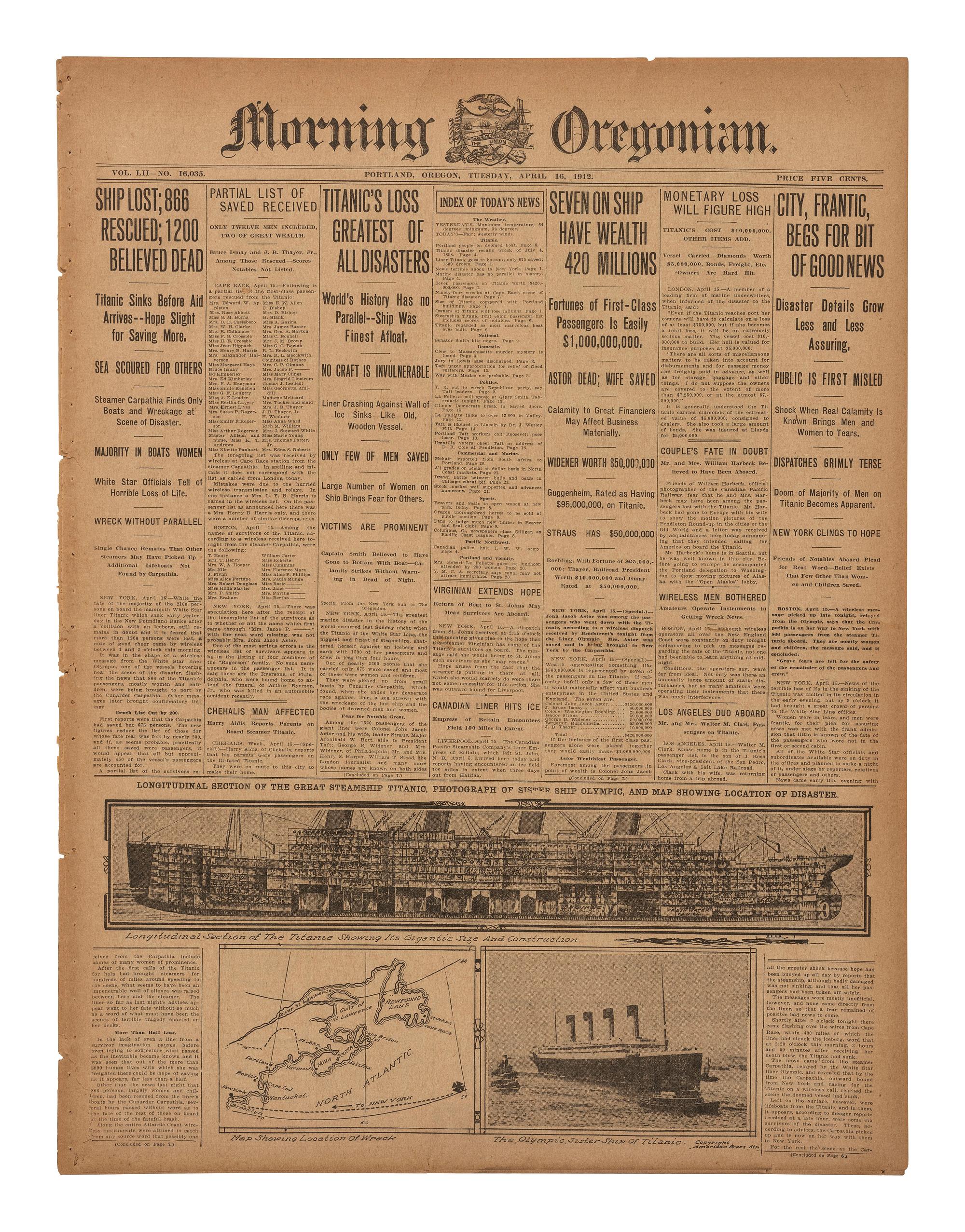[TITANIC DISASTER]. Morning Oregonian . Vol. LII, No. 16,035. Portland, OR: 16 April 1912.