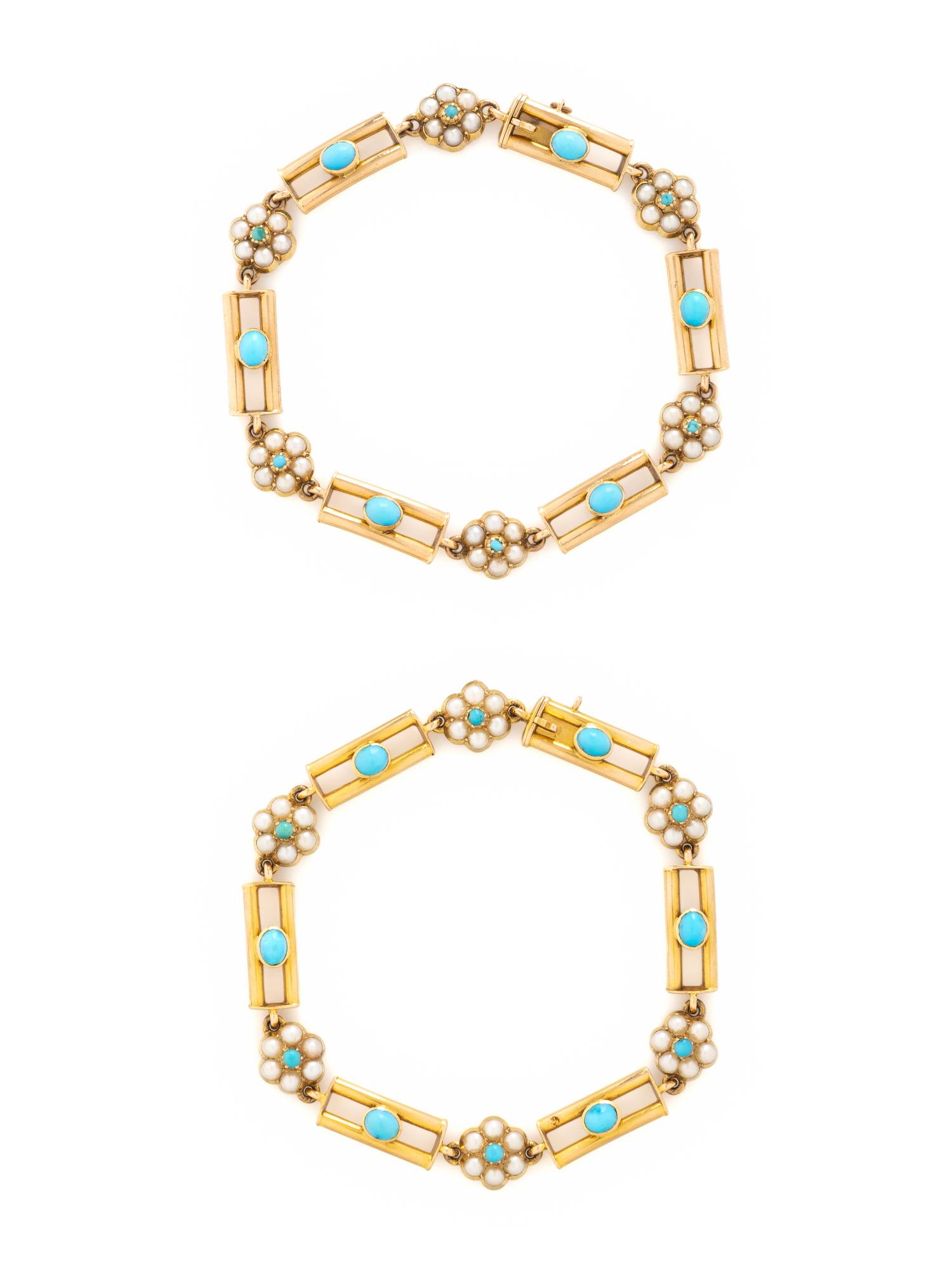 ANTIQUE, PAIR OF TURQUOISE, SEED PEARL, AND YELLOW GOLD BRACELETS