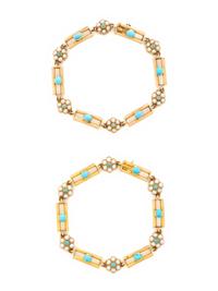 ANTIQUE, PAIR OF TURQUOISE, SEED PEARL, AND YELLOW GOLD BRACELETS