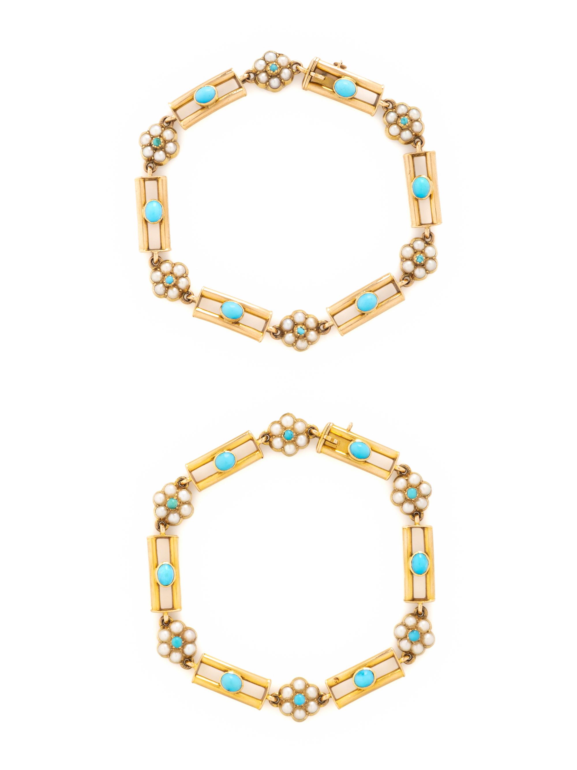 ANTIQUE, PAIR OF TURQUOISE, SEED PEARL, AND YELLOW GOLD BRACELETS