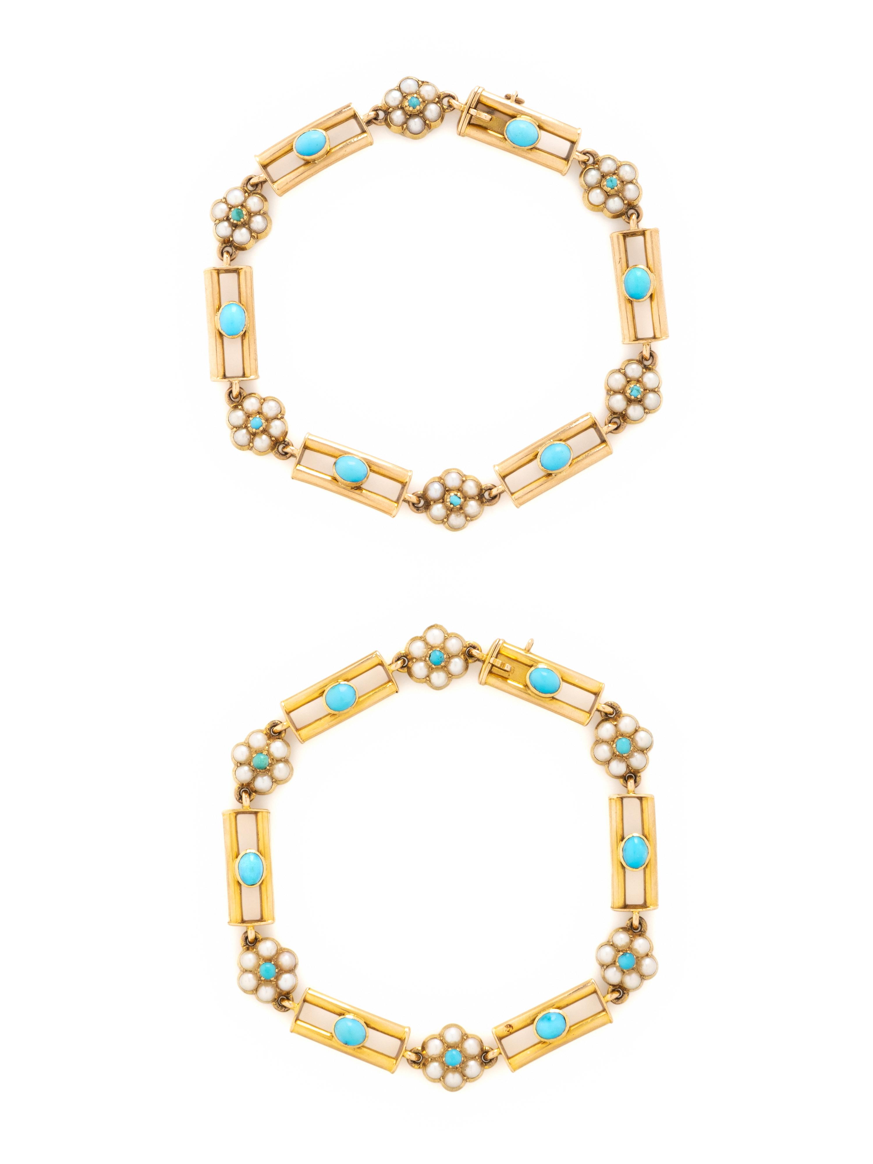 ANTIQUE, PAIR OF TURQUOISE, SEED PEARL, AND YELLOW GOLD BRACELETS