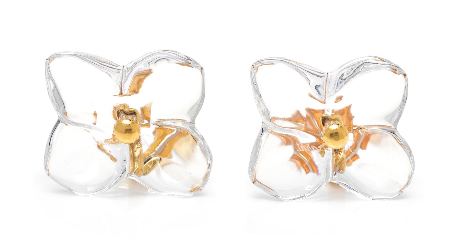 A Pair of 18 Karat Gold and Crystal Flower Convertible Earclips, Baccarat,