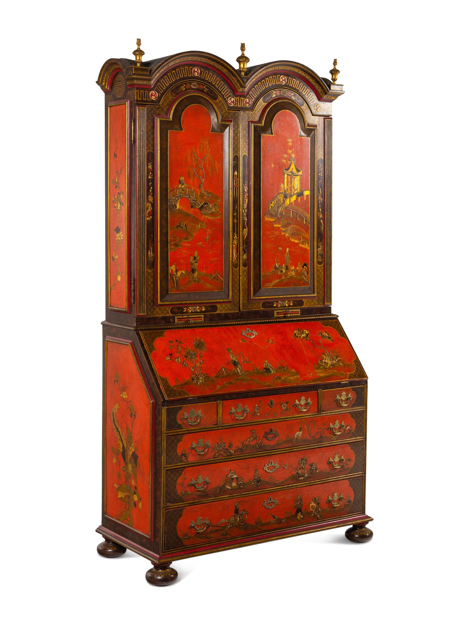 A George I Style Red, Gilt and Polychrome Japanned Bureau Cabinet