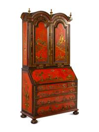 A George I Style Red, Gilt and Polychrome Japanned Bureau Cabinet