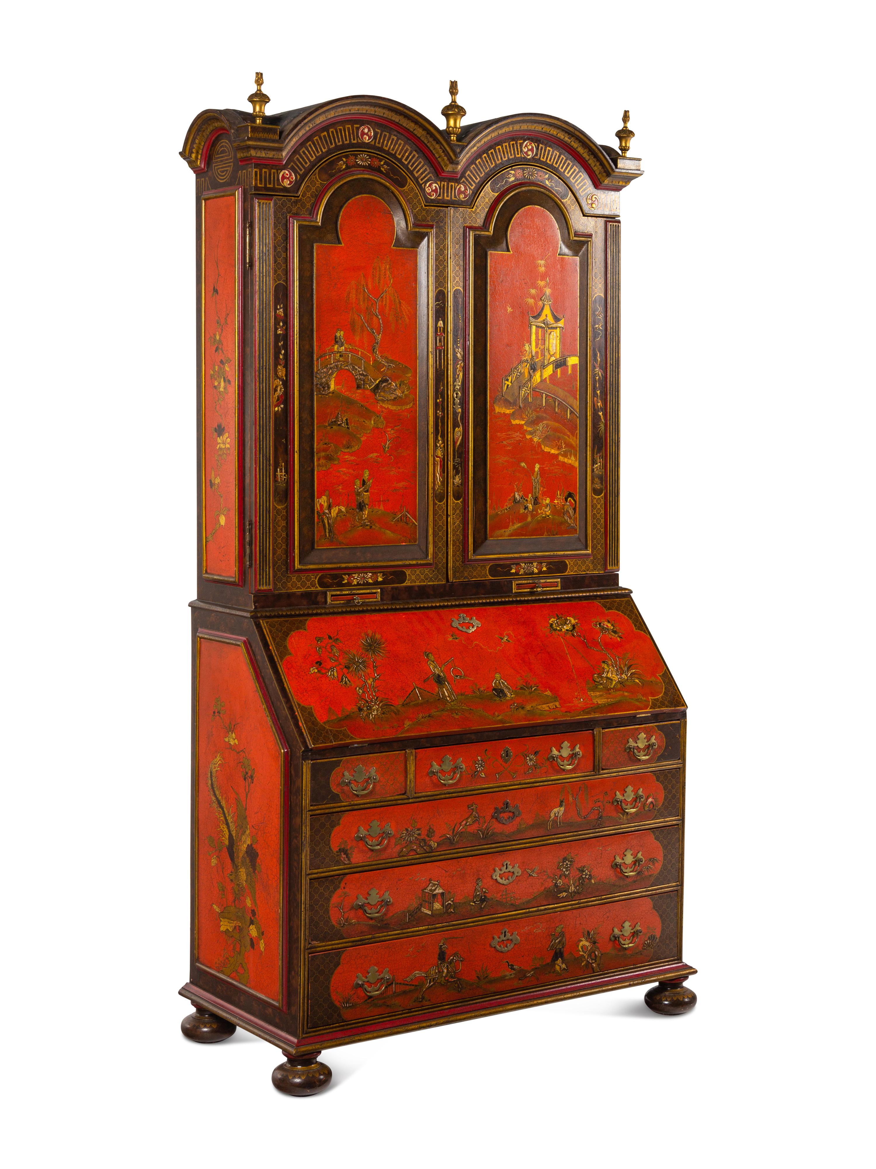 A George I Style Red, Gilt and Polychrome Japanned Bureau Cabinet