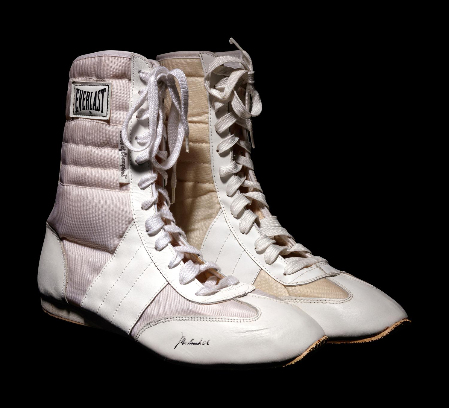 A Pair of Muhammad Ali / Cassius Clay Dual Signed White Everlast Boxing Shoes,