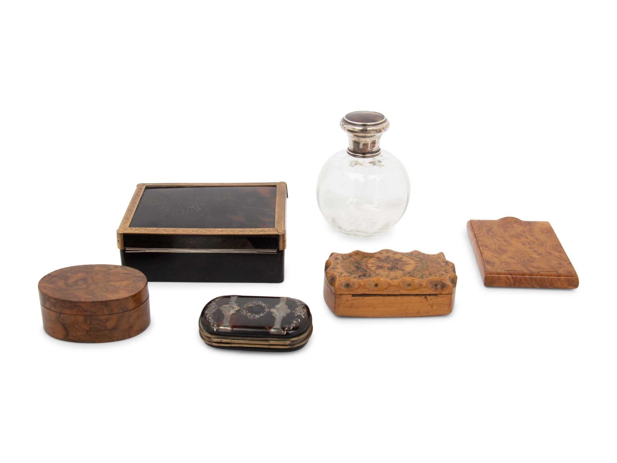 A Group of English Tortoise Shell Articles and Burlwood Small Boxes