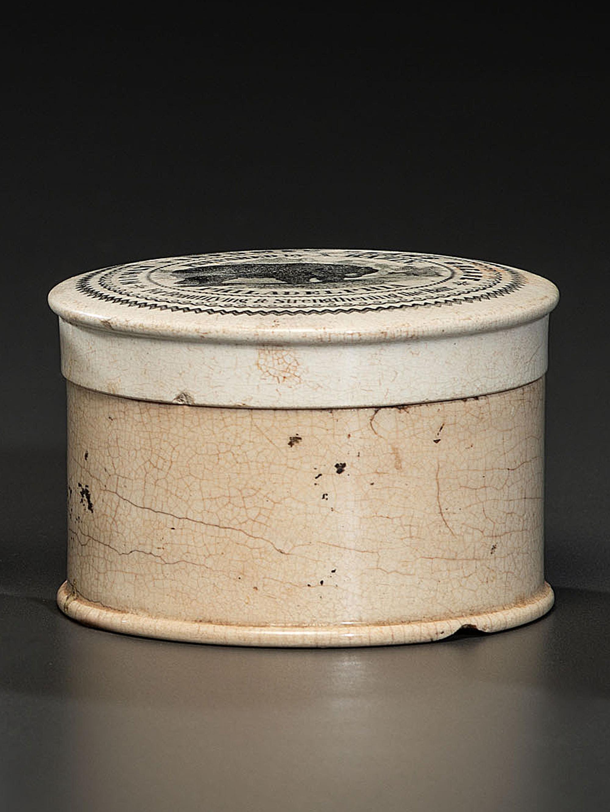 A Rare Transfer Printed Porcelain Perfumed Bear Grease Pot Lid and Base