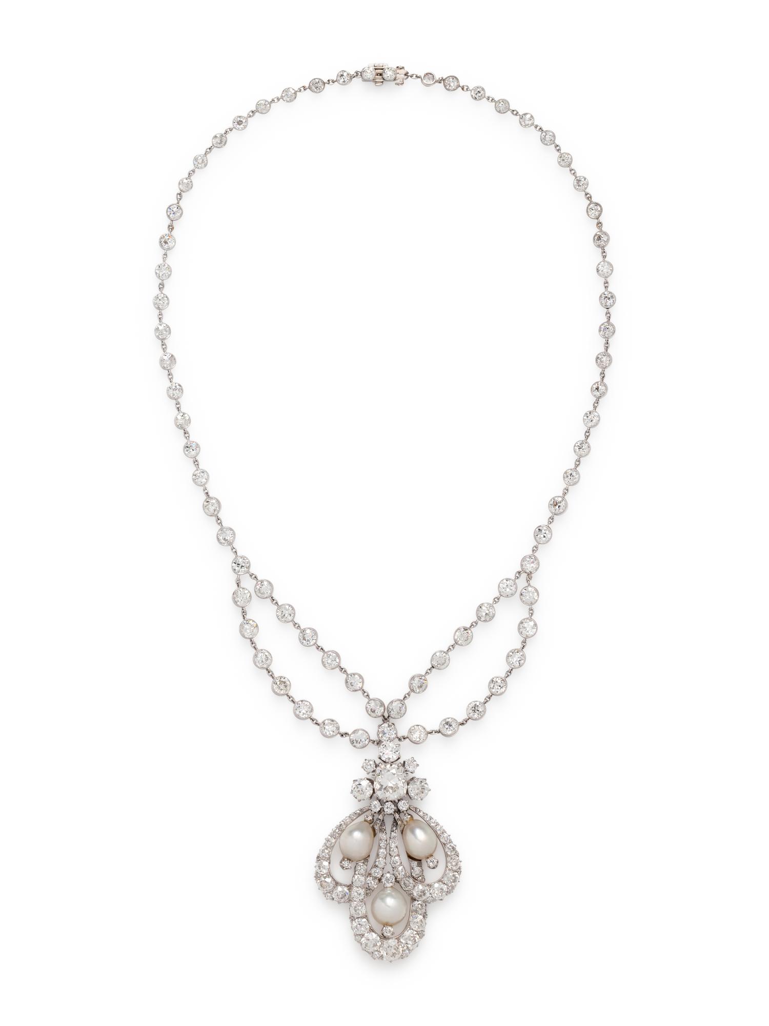 ANTIQUE, DIAMOND AND NATURAL PEARL NECKLACE