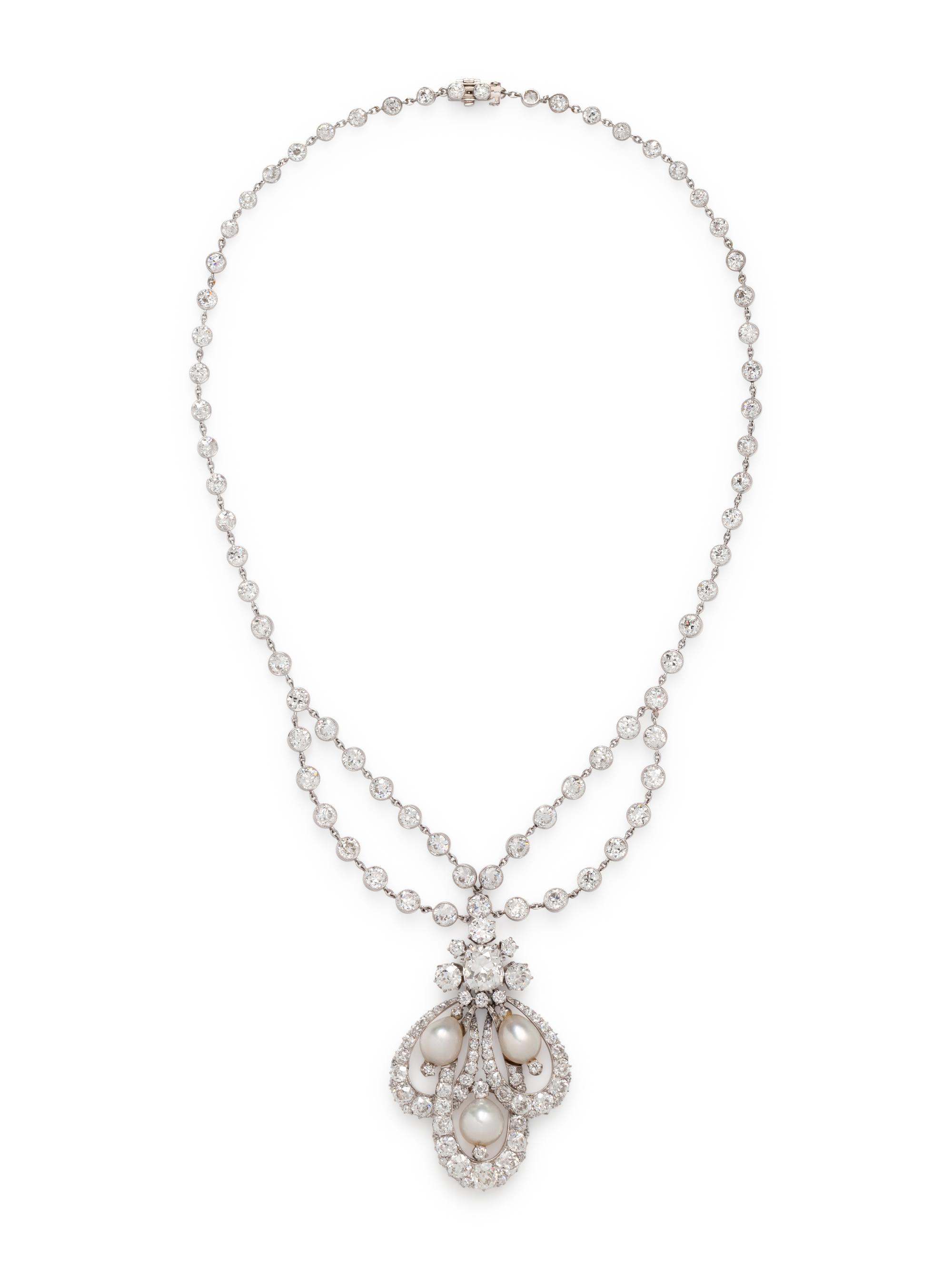 ANTIQUE, DIAMOND AND NATURAL PEARL NECKLACE