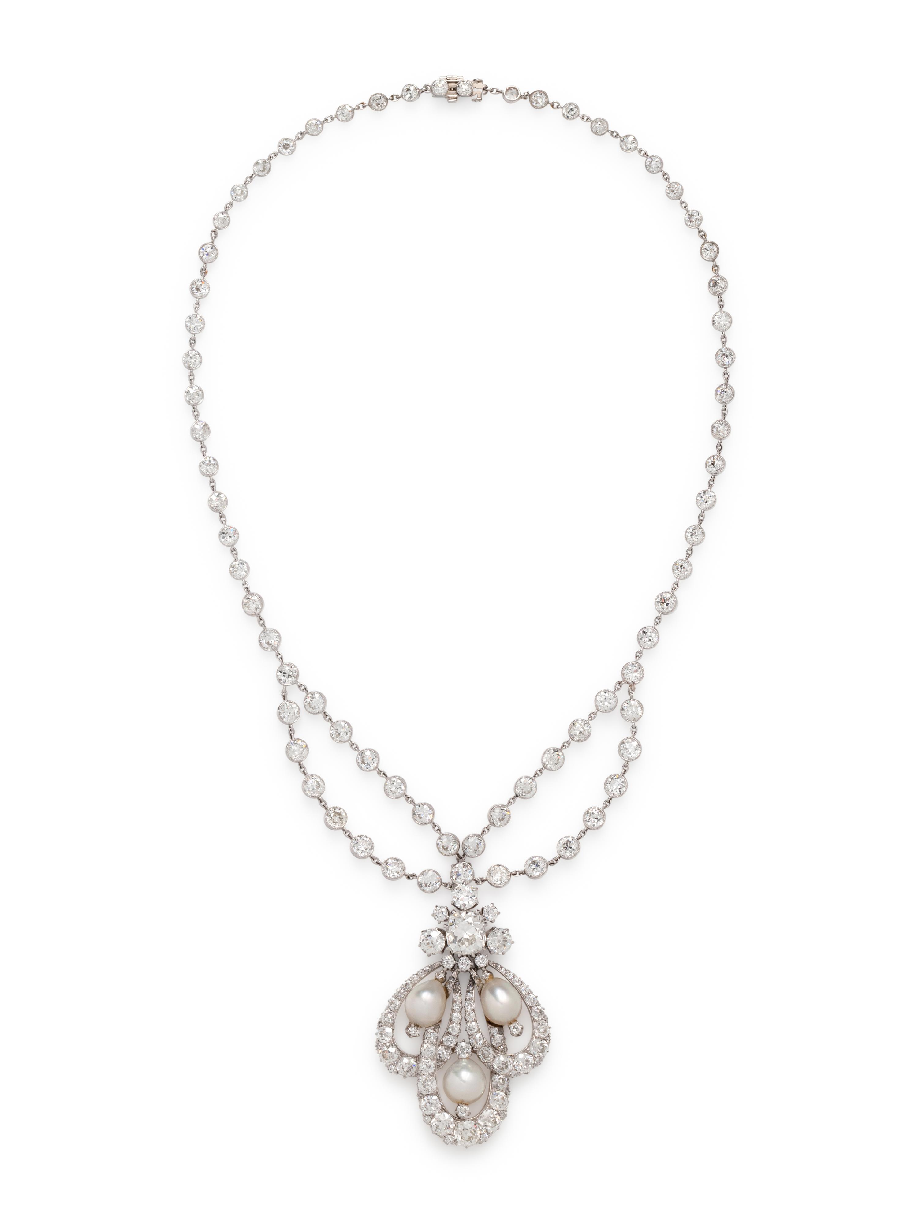ANTIQUE, DIAMOND AND NATURAL PEARL NECKLACE