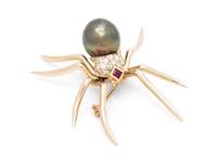 A 14 Karat White Gold, Cultured Tahitian Pearl, Ruby and Diamond Spider Brooch,