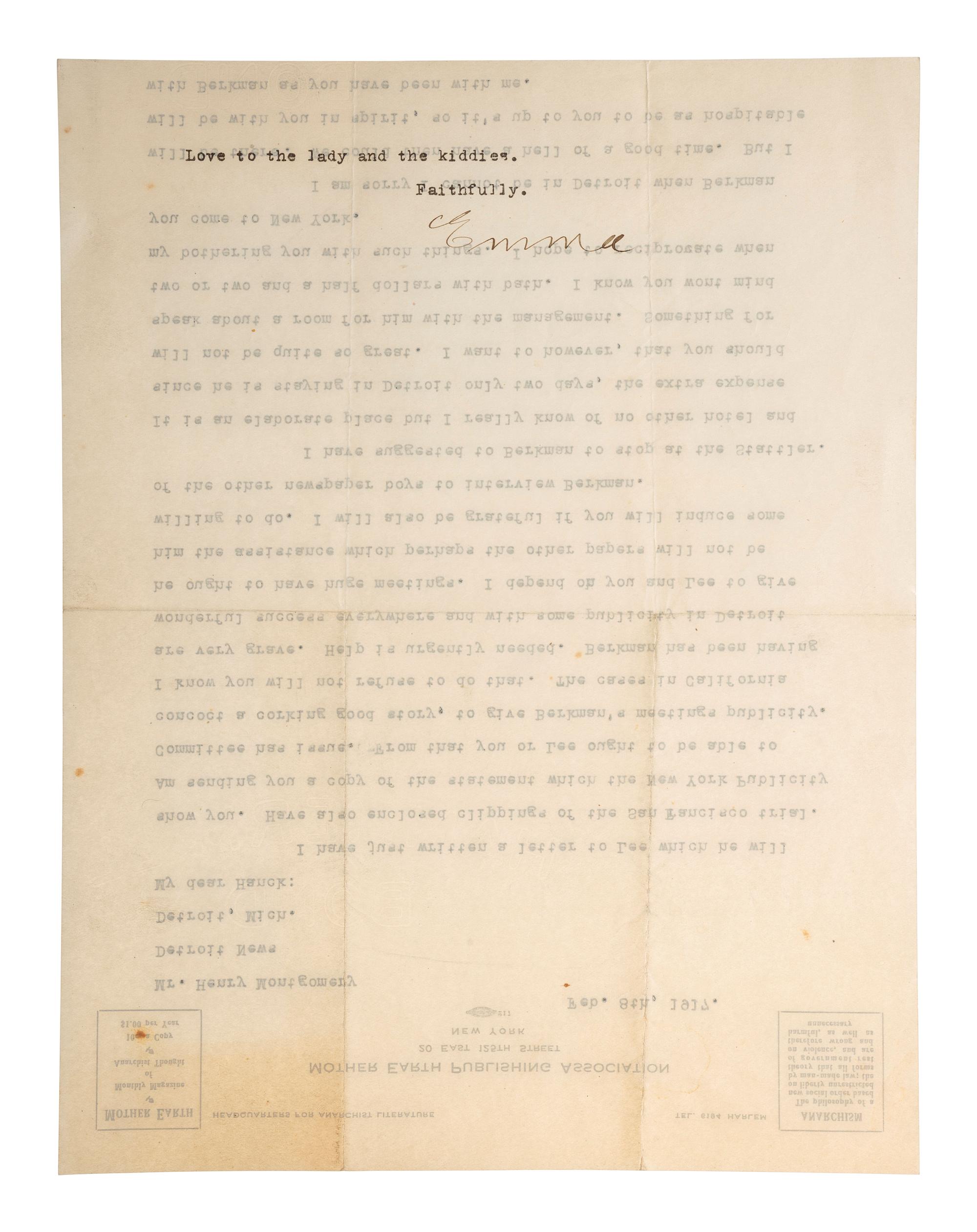 [ANARCHISM]. GOLDMAN, Emma (1869-1940). Typed letter signed ("Emma"), to Henry Montgomery. Detroit, 8 February 1917.