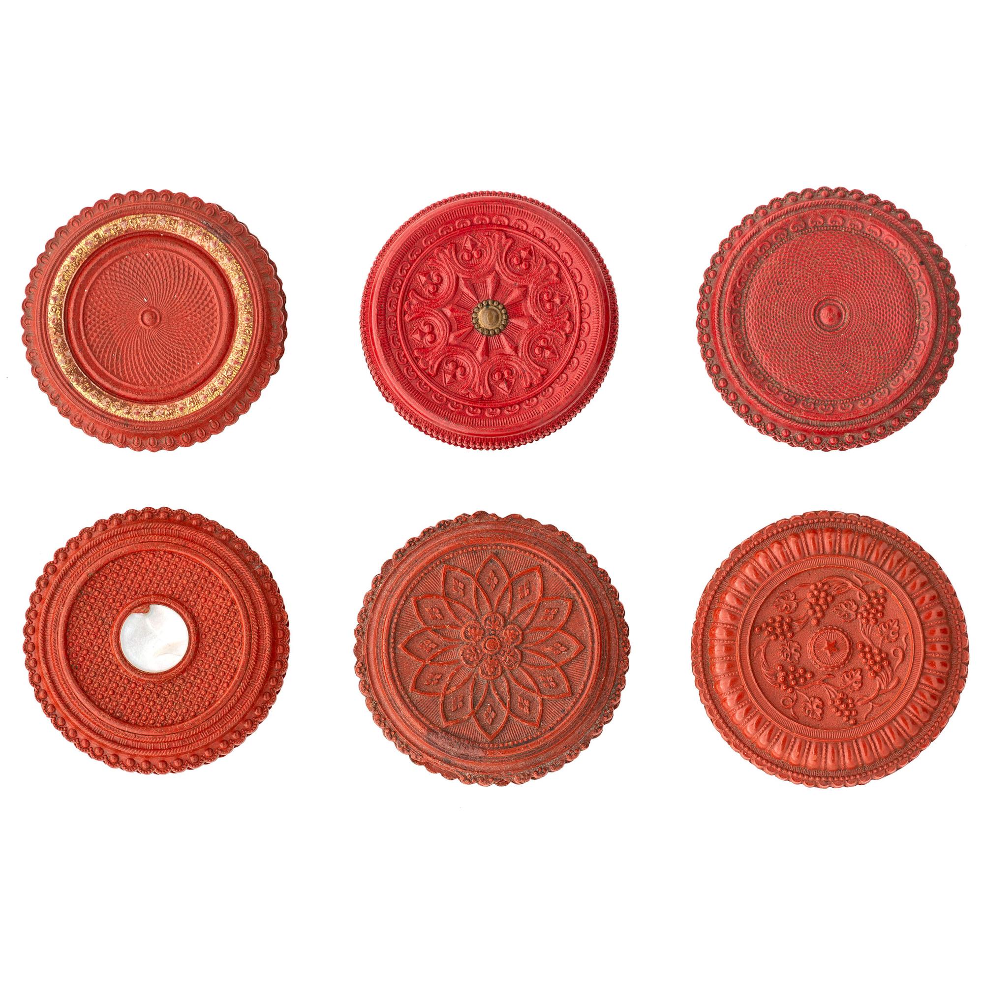 [EARLY PHOTOGRAPHY - UNION CASES]. A group of 6 assorted red "oreo" union cases, highlighted by very very rare floral example, including: