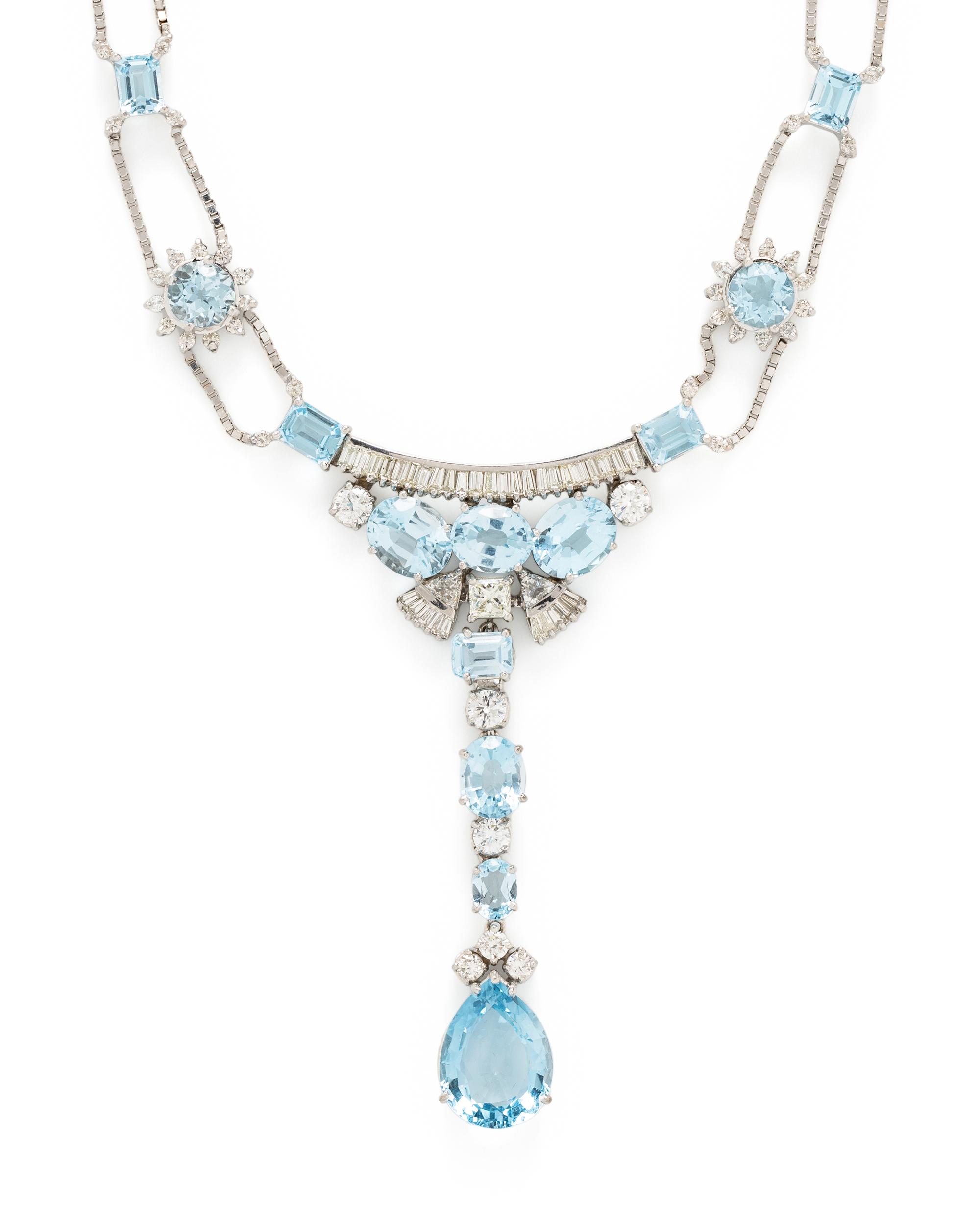 WHITE GOLD, BLUE TOPAZ, AND DIAMOND NECKLACE