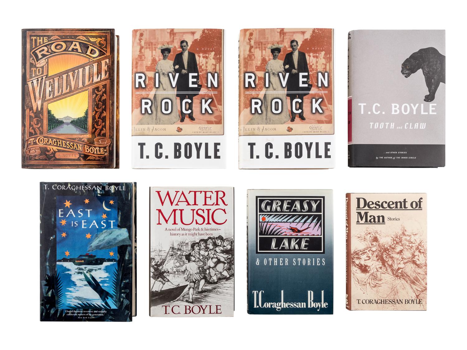 BOYLE, Thomas Coraghessan (“T.C. Boyle”) (b. 1948). A group of 8 works by Boyle, MOST FIRST EDITION, ALL SIGNED, comprising:
