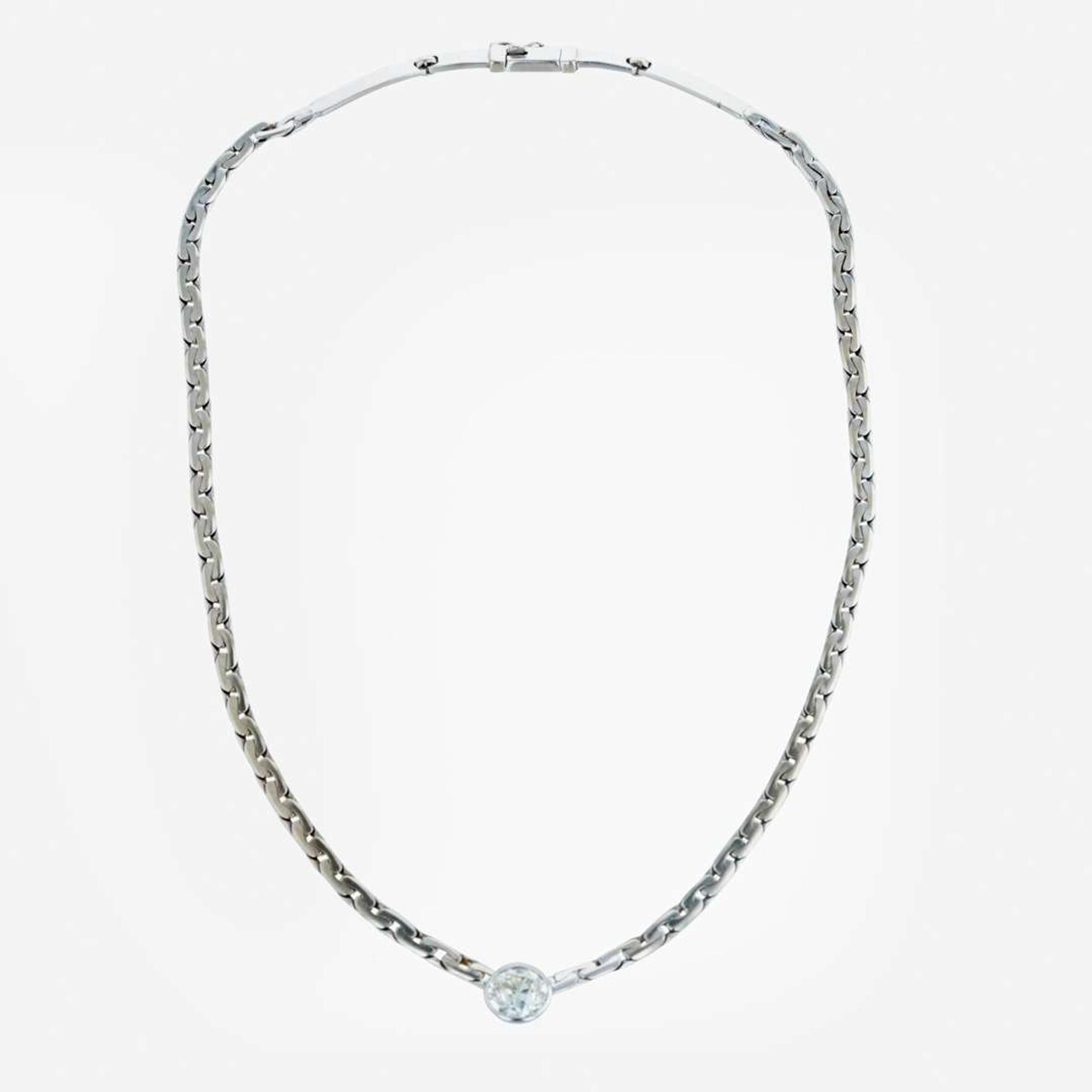 A 14K, white gold diamond station necklace