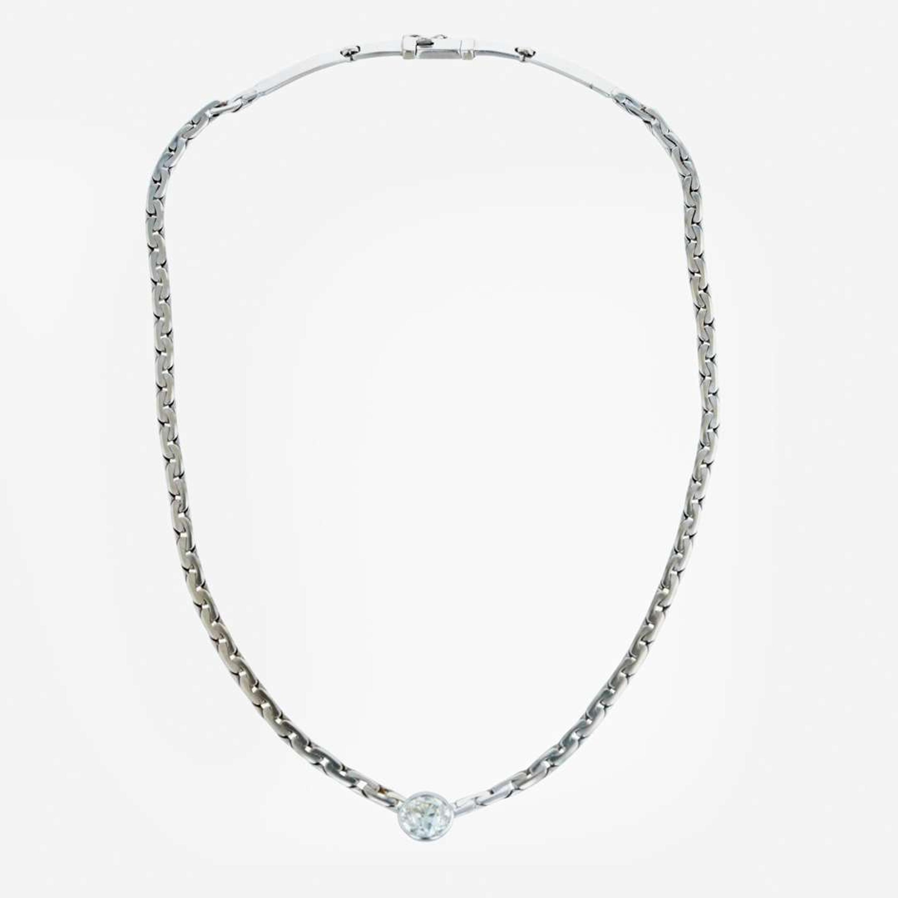 A 14K, white gold diamond station necklace