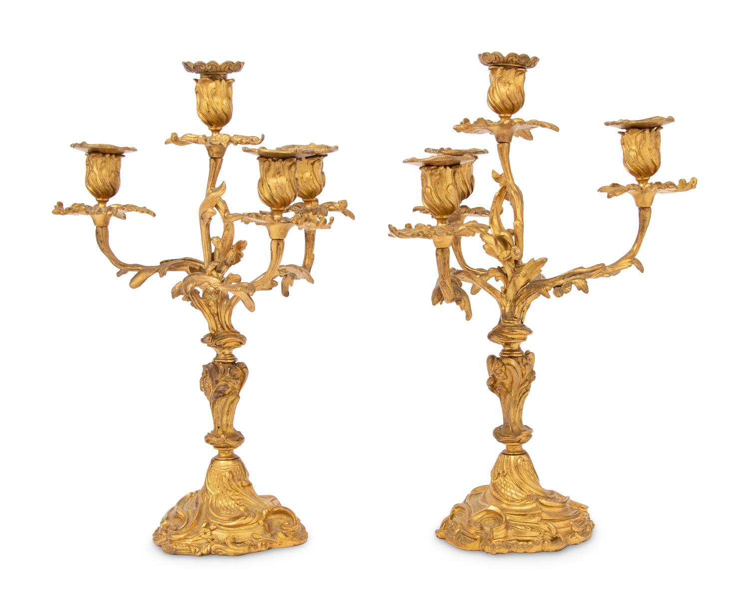 A Pair of Louis XV Style Gilt Bronze Four-Light Candelabra