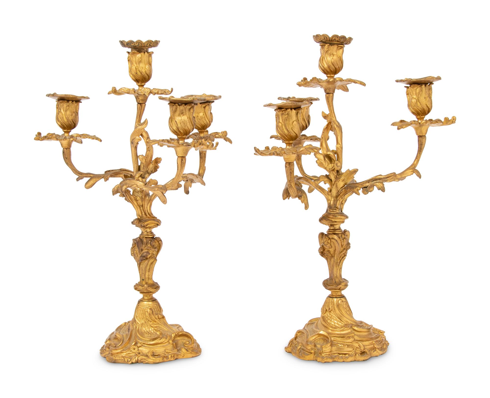 A Pair of Louis XV Style Gilt Bronze Four-Light Candelabra