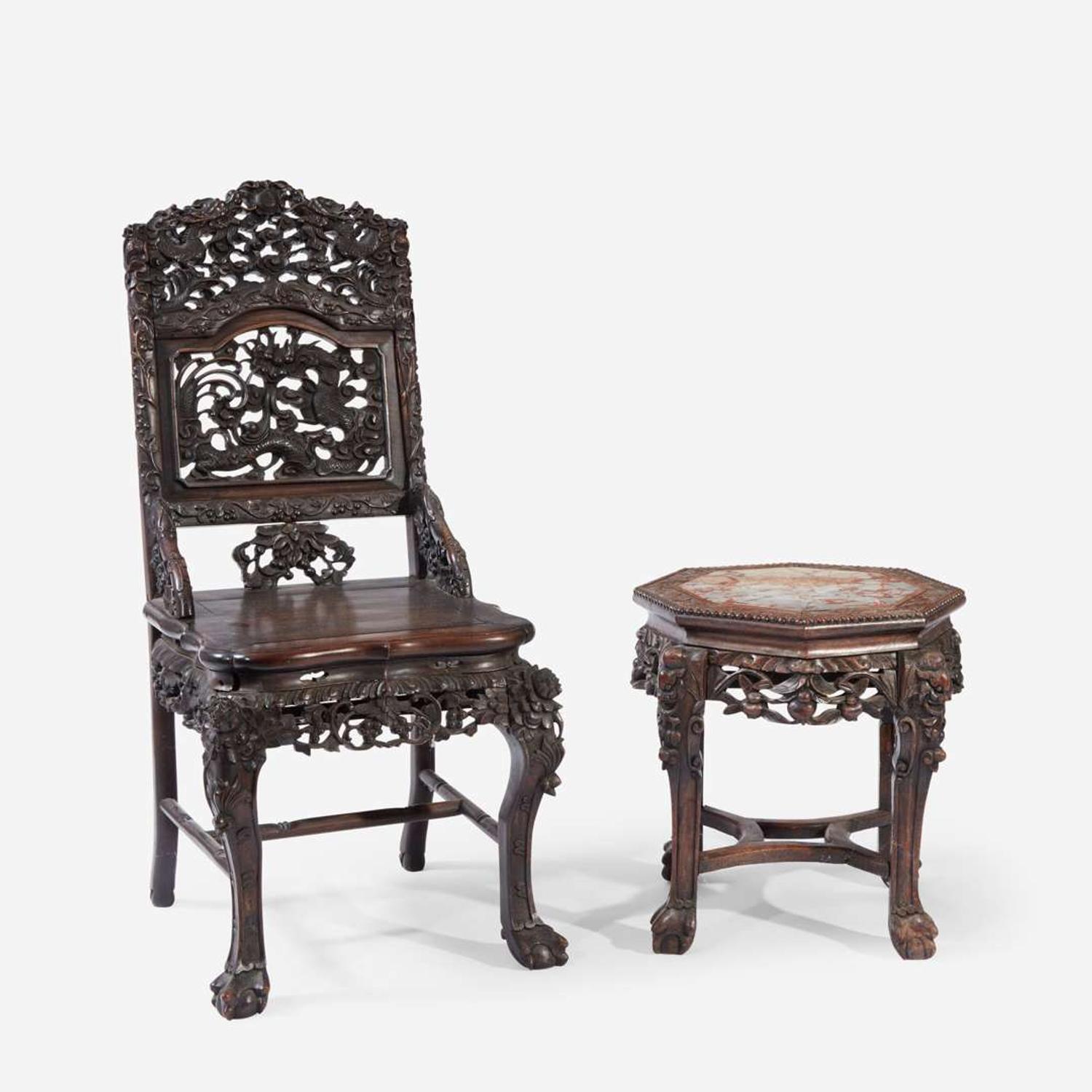 A Chinese Carved Hardwood Side Chair and Side Table late Qing Dynasty, late 19th/early 20th century