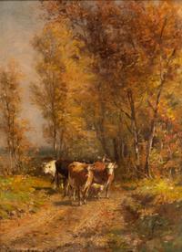 Untitled (figure guiding cattle down path)