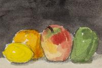 Fruit with Black Background and Green Pear and Red Apple (Two Works), 1961