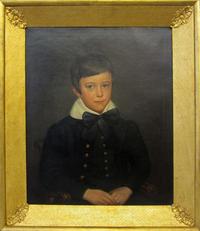 American School 19th century portrait of a seated lad wearing brass button coat and black bow tie