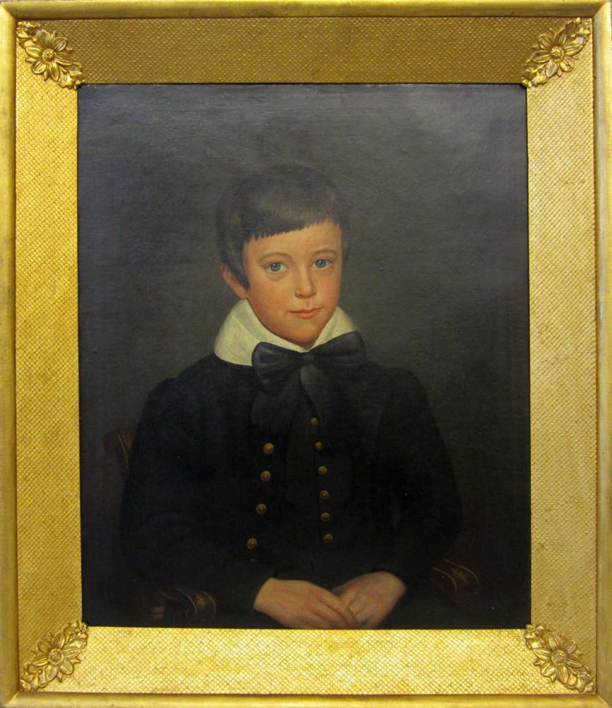 American School 19th century portrait of a seated lad wearing brass button coat and black bow tie