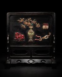 A Chinese Carved Celadon Jade Inset and Hardstone Embellished Hardwood Table Screen