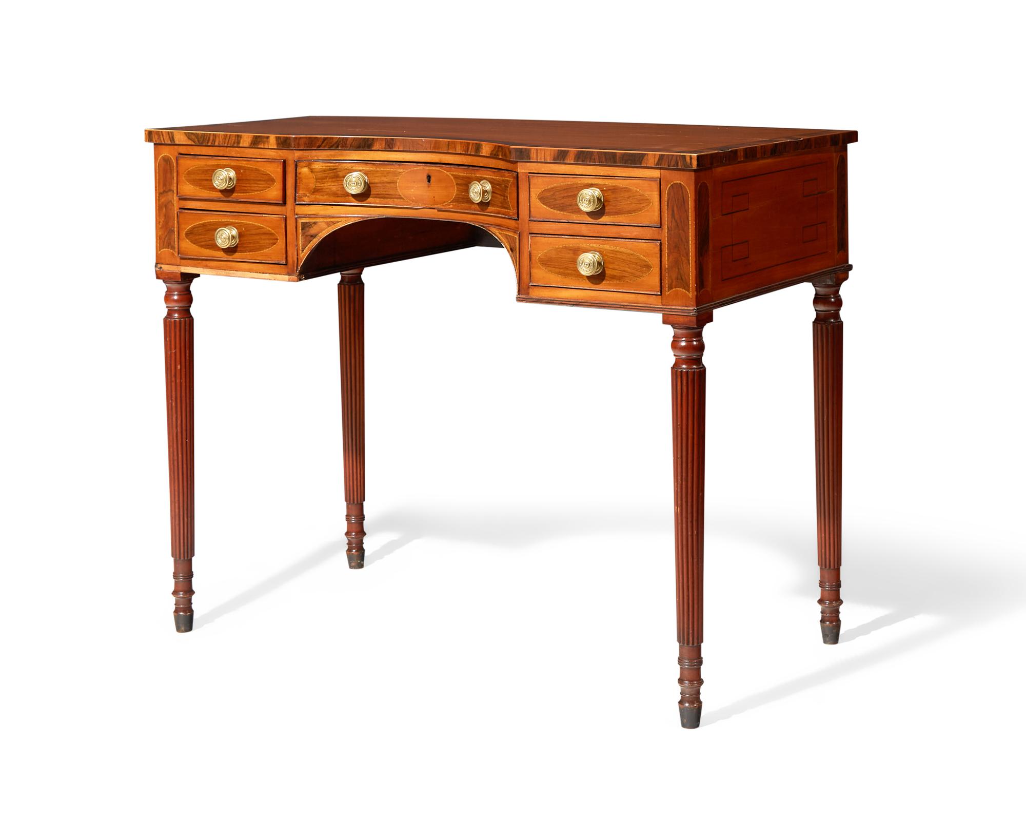 A George III inlaid mahogany, satinwood, and kingwood writing table, circa 1810