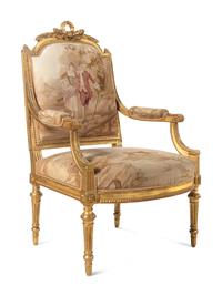A Louis XVI Style Giltwood Seven-Piece Seating Suite with Aubusson Tapestry Upholstery