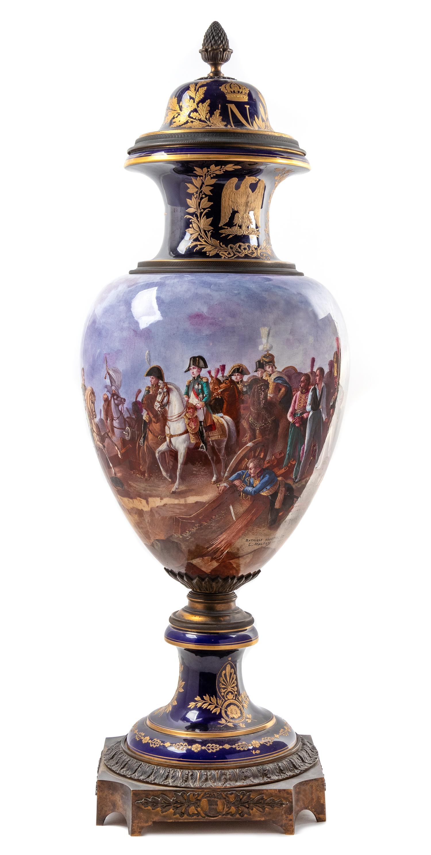 A Napoleonic Sevres Style Gilt Bronze Mounted Porcelain Lidded Urn Height 40 inches. — LATE 19TH/EARLY 20TH CENTURY