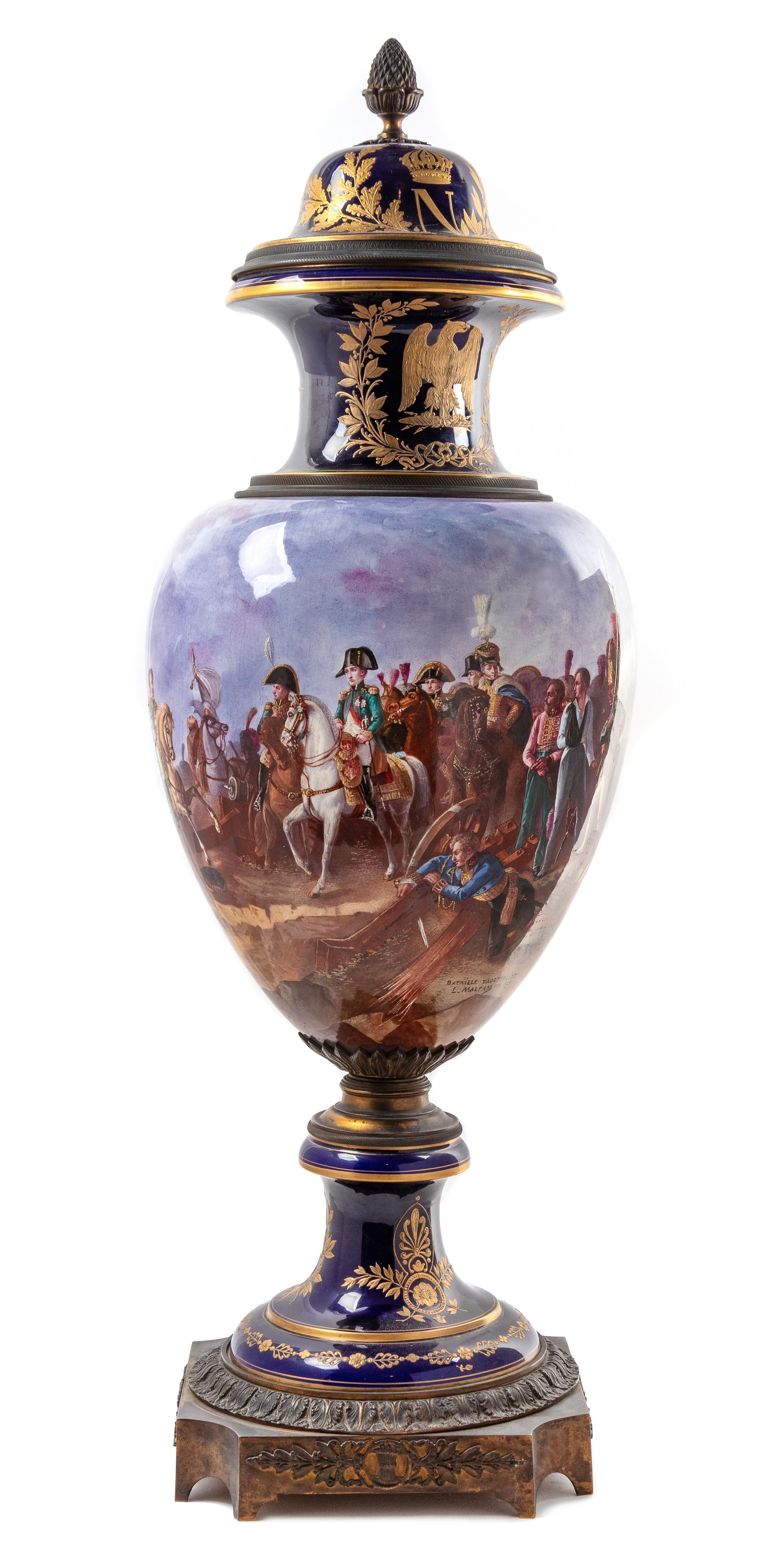 A Napoleonic Sevres Style Gilt Bronze Mounted Porcelain Lidded Urn Height 40 inches. — LATE 19TH/EARLY 20TH CENTURY