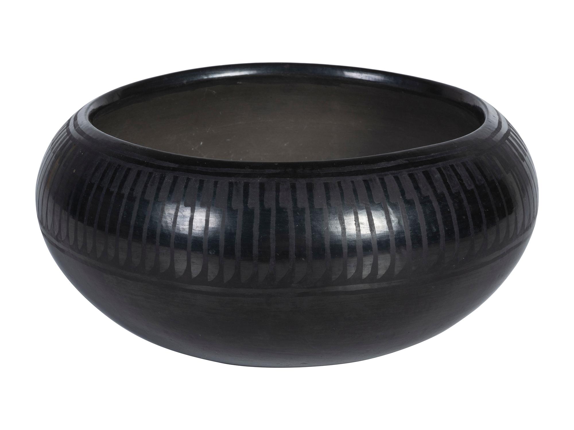 Blackware Pottery Bowl, with Repeating Feather Design
