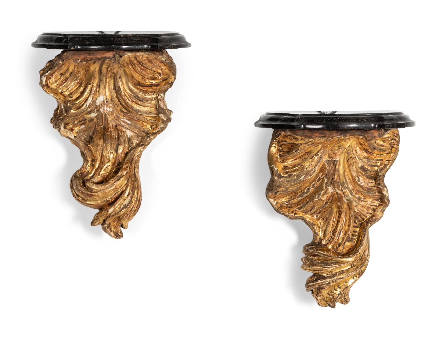 A Pair of Continental Giltwood Marble-Top Brackets
